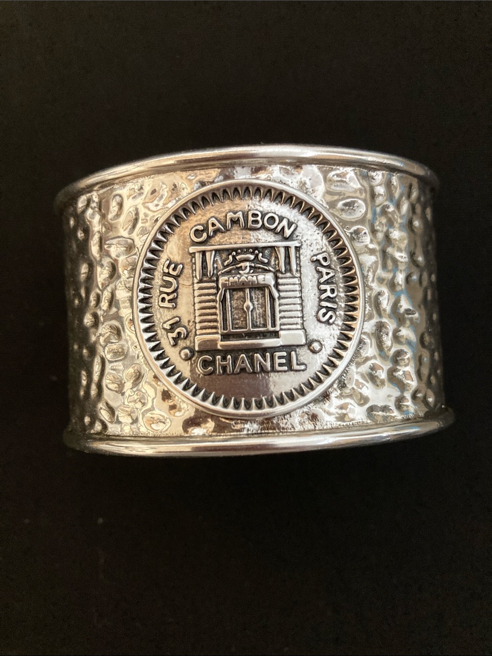 CHANEL Silver Hammered 31 Rue Cambon Medallion Cuff